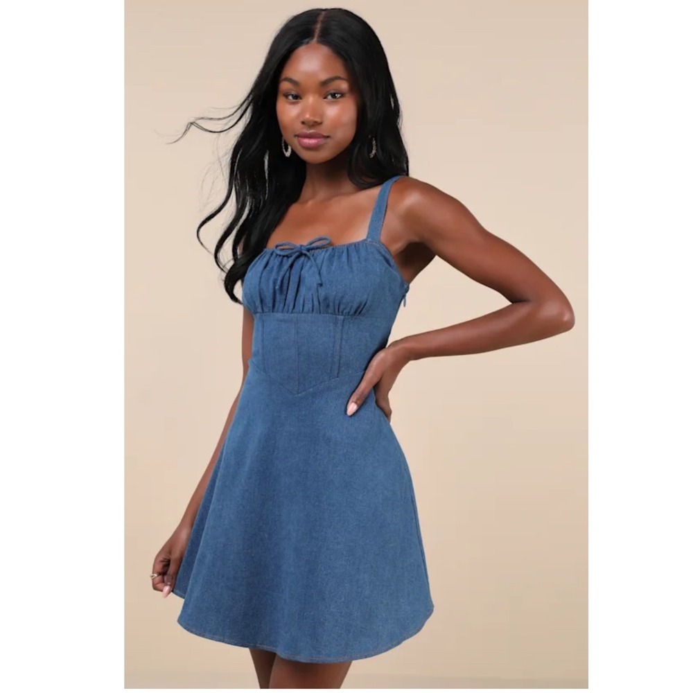 Lulus Considered Charisma Blue Chambray Bustier Mini Dress Size Medium New!